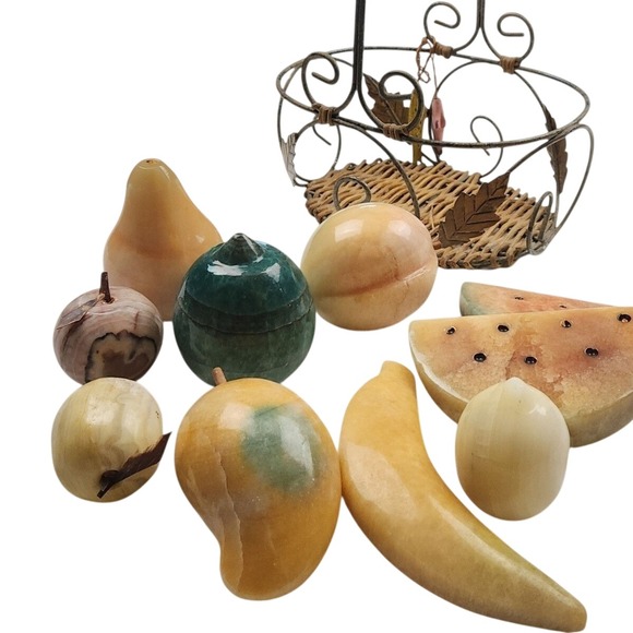 Vintage Italian Alabaster Stone Fruit Set 10 Pcs Woven Wire Basket MCM Marble
